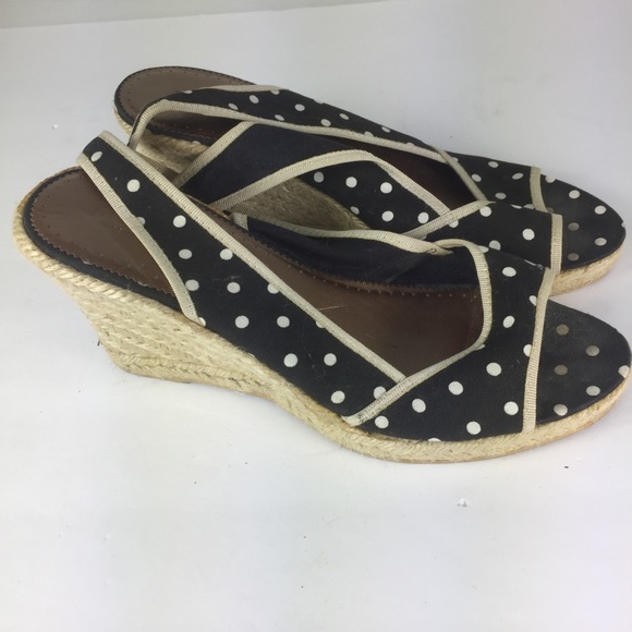 J Crew Women Black White Polka Dot Peep Toe Wedges - Picture 2 of 6